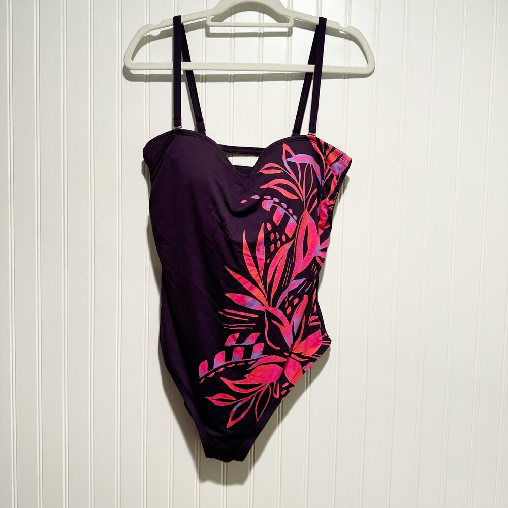Lands End Purple Pink Floral One Piece Swimsuit Size 14